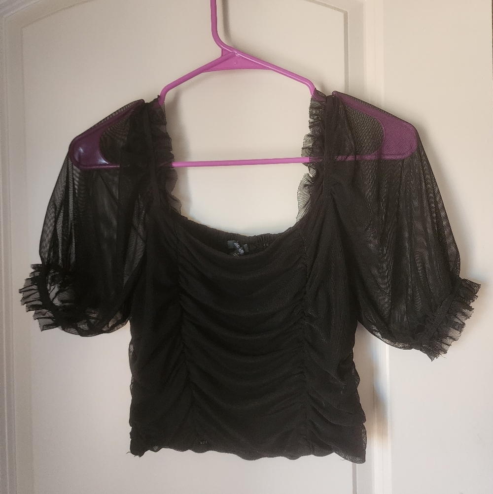 Wild Fable Black Ruched Mesh Puff Sleeve Blouse